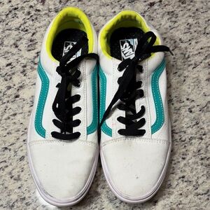 Vans White Low-Top Sneakers with Teal Stripe and Black Laces